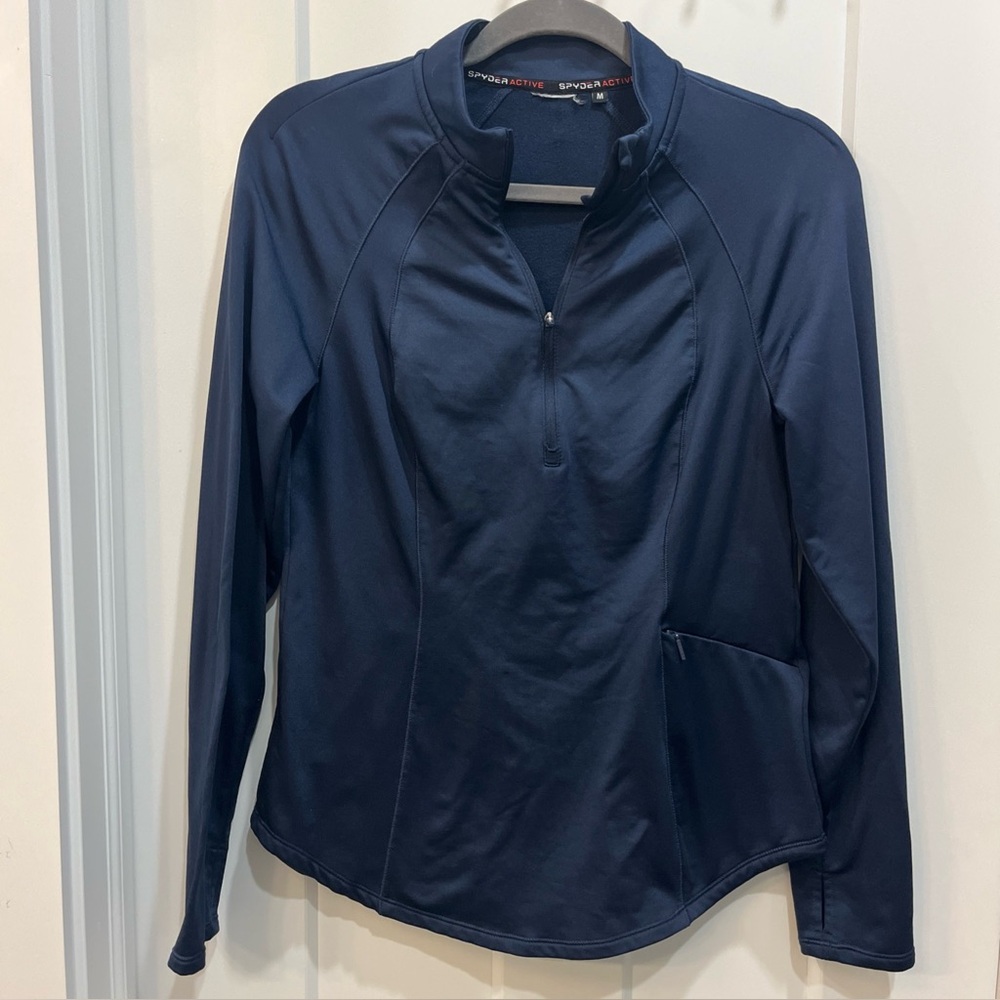 Spyder Active Women's Pullover Long Sleeve Mock Neck Zip Pocket Size Medium Navy